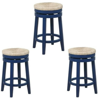 Home Square 3 Piece Solid Wood Swivel Rush Counter Stool Set in Navy Blue