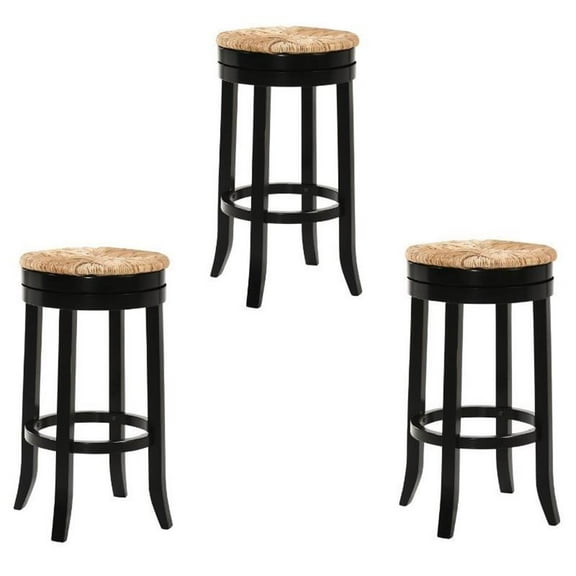 Home Square 3 Piece Swivel Rush Seat Bar Stool Set in Antique Black