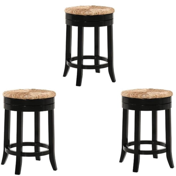 Home Square 3 Piece Swivel Rush Seat Counter Stool Set in Antique Black