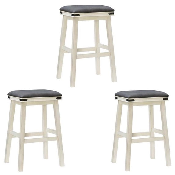 Home Square 3 Piece Wood and Faux Leather Backless Bar Stool Set in White