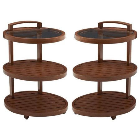 Home Square 3-Tiered Round Patio End Table in Walnut - Set of 2