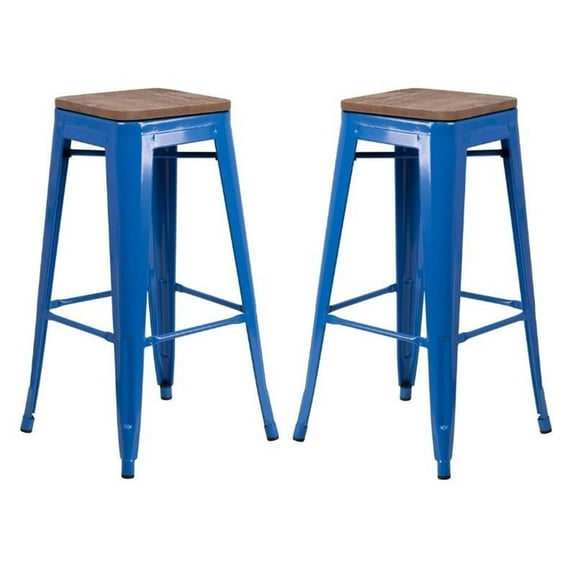 Home Square 30" Backless Metal Bar Stool in Blue and Wood Grain - Set of 2