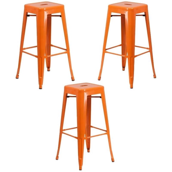 Home Square 30" Backless Metal Bar Stool in Orange - Set of 3