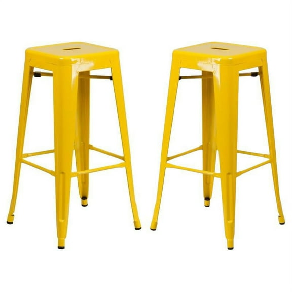 Home Square 30" Backless Metal Bar Stool in Yellow - Set of 2