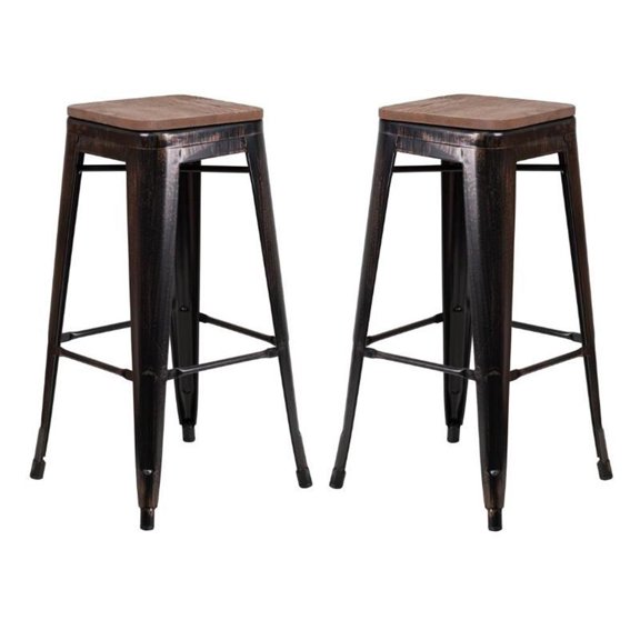 Home Square 30" Backless Metal Stool In Black-Antique Gold - Set of 2