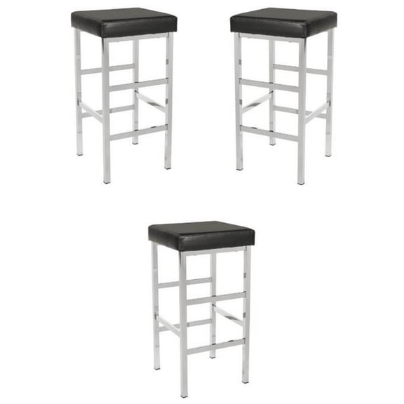 Home Square 30" Chrome Backless Stool in Black Vinyl - Set of 3