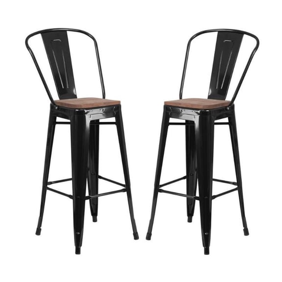 Home Square 30" Metal Bar Stool in Black and Wood Grain - Set of 2