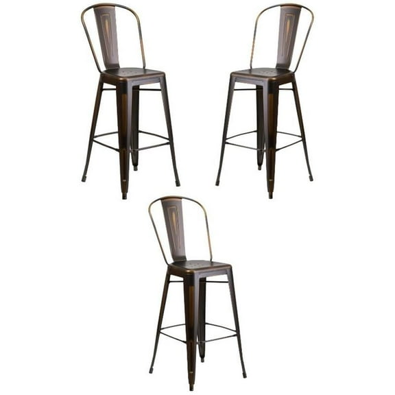Home Square 30" Metal Curved Slat Back Bar Stool in Distressed Copper - Set of 3