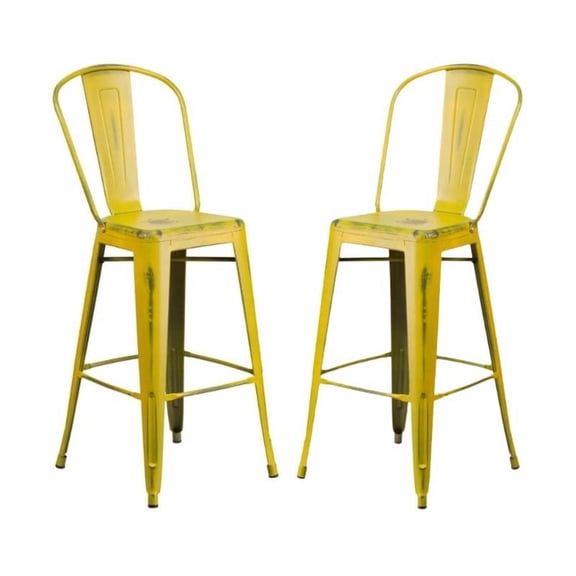 Home Square 30" Metal Curved Slat Back Bar Stool in Distressed Yellow - Set of 2