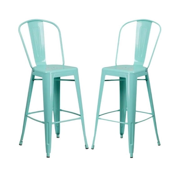 Home Square 30" Metal Curved Slat Back Bar Stool in Mint Green - Set of 2