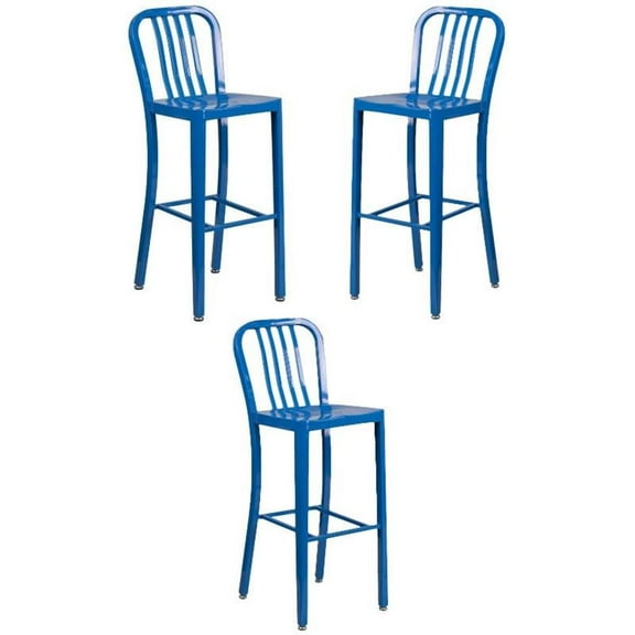 Home Square 30" Metal Vertical Slat Back Bar Stool in Blue - Set of 3