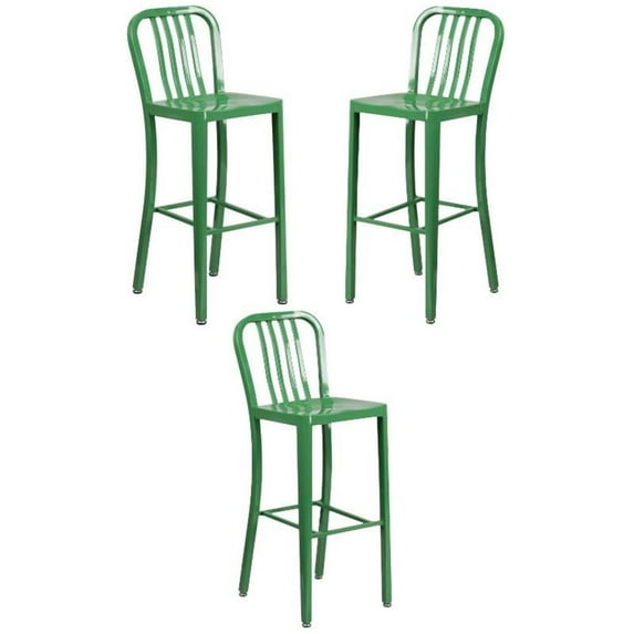 Home Square 30" Metal Vertical Slat Back Bar Stool in Green - Set of 3