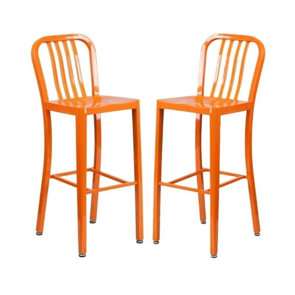 Home Square 30" Metal Vertical Slat Back Bar Stool in Orange - Set of 2