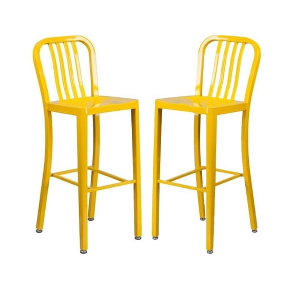 Home Square 30" Metal Vertical Slat Back Bar Stool in Yellow - Set of 2