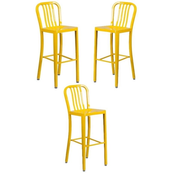 Home Square 30" Metal Vertical Slat Back Bar Stool in Yellow - Set of 3