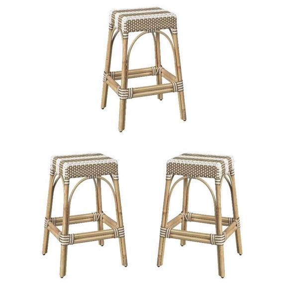 Home Square 30" Rectangular Rattan Bar Stool in Tan & White - Set of 3
