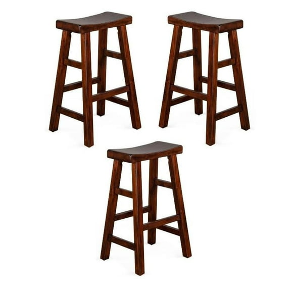 Home Square 30" Saddle Seat Mahogany Wood Stool in Dark Chocolate - Set of 3