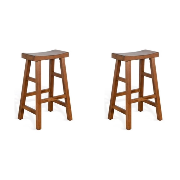 Home Square 30" Saddle Seat Mahogany Wood Stool in Rustic Oak - Set of 2