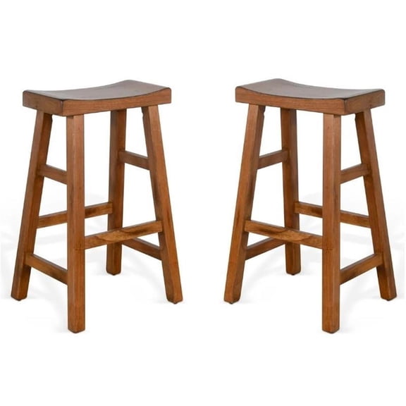 Home Square 30" Saddle Seat Mahogany Wood Stool in Rustic Oak - Set of 2