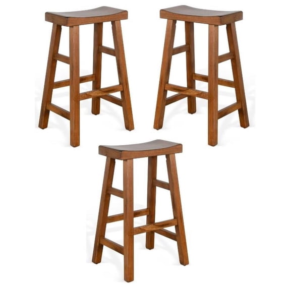 Home Square 30" Saddle Seat Mahogany Wood Stool in Rustic Oak - Set of 3