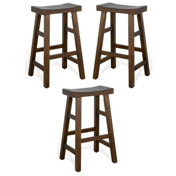 Home Square 30" Saddle Seat Mahogany Wood Stool in Tobacco Leaf - Set of 3