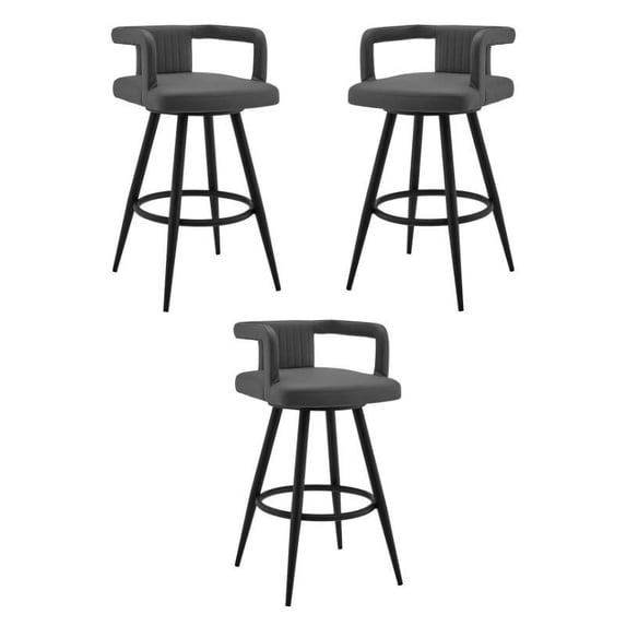 Home Square 30" Swivel Bar Stool in Gray Faux Leather and Black Metal - Set of 3
