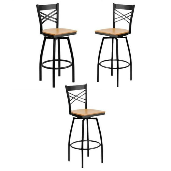 Home Square 30" Swivel Metal Bar Stool Black and Natural - Set of 3