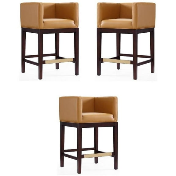 Home Square 34" Faux Leather Barstool in Camel Brown & Dark Walnut - Set of 3