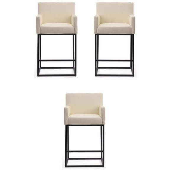 Home Square 38" Faux Leather Barstool in Cream and Black - Set of 3
