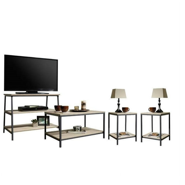 Home Square 4 Piece Living Room Set with Coffee Table and TV Stand with 2 Nightstand in Charter Oak and Dark Metal Accents
