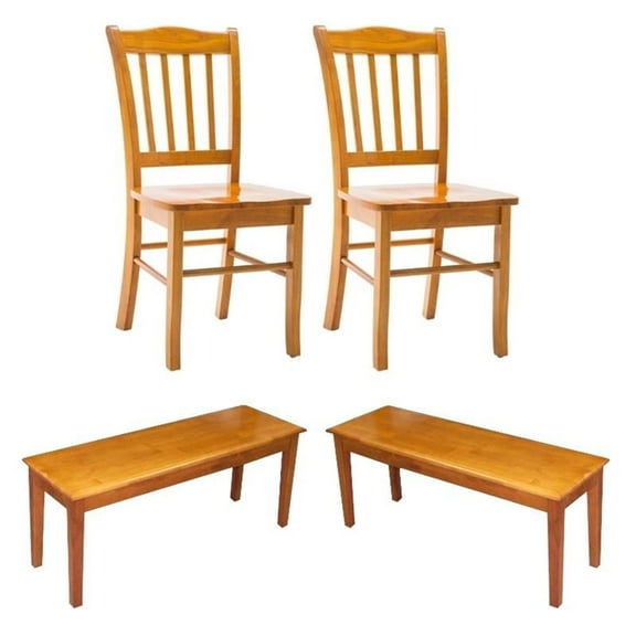 Home Square 4-Piece Set with 2 Dining Benches & 2 Dining Chairs in Oak