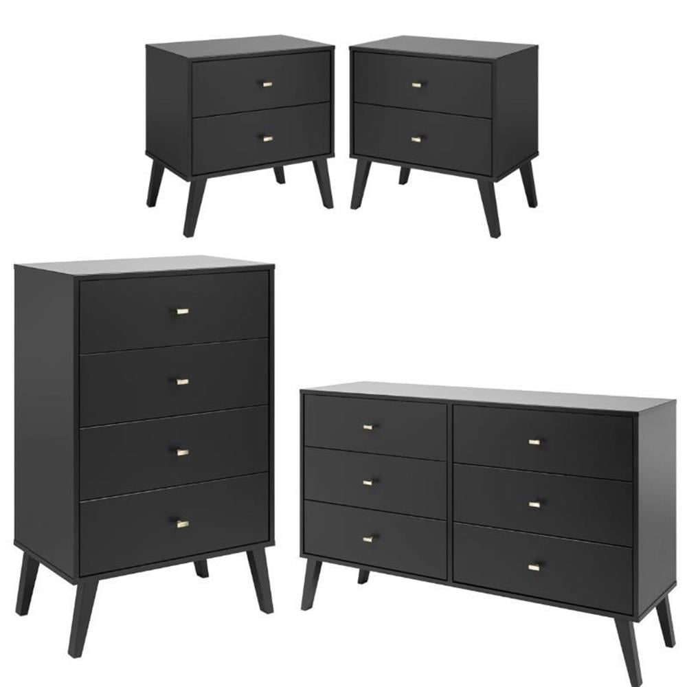 Black Mid-Century Modern Bedroom Set with Brass Knobs