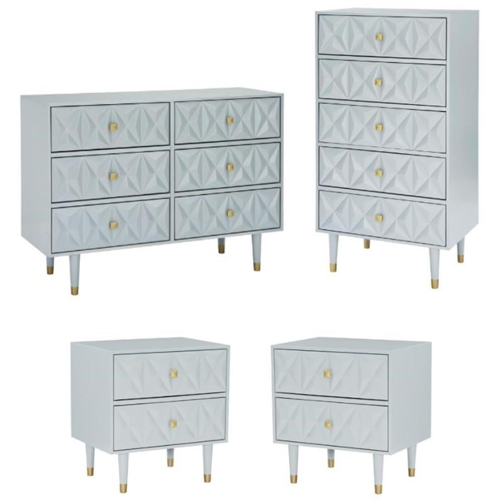 Gray Geometric Patterned 4-Piece Bedroom Set with Gold Accents