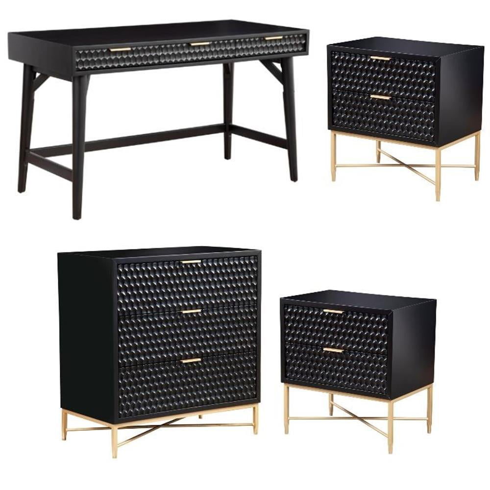 Black Mahogany and Gold 4-Piece Bedroom Set with Textured Drawer Fronts