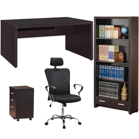 Home Square 4-Piece Set with Desk Mobile File Cabinet Bookcase & Office Chair