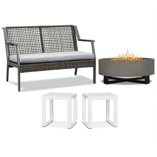 Home Square 4 Piece Set with Fire Bowl for Outdoors Patio Loveseat 2 End Tables