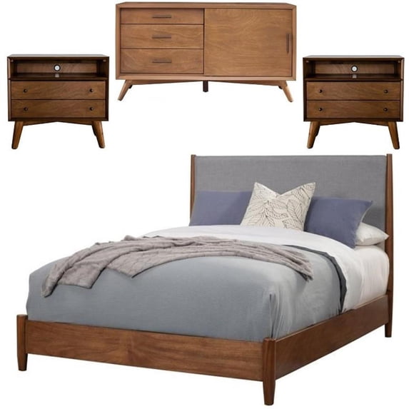 Home Square 4 Piece Set with TV Console King Panel Bed & Nightstand in Acorn