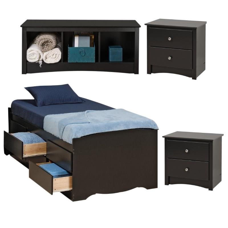 Home Square 4 Piece Set with Tall Twin Storage Cubby Bed Bench 2 Nightstands