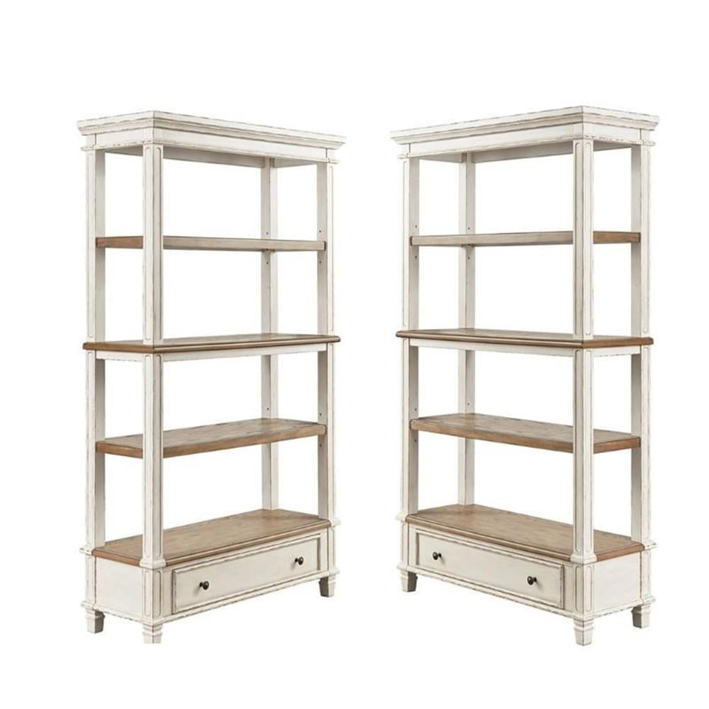 Antique White and Brown 75" Wood Bookcase Set with Drawer
