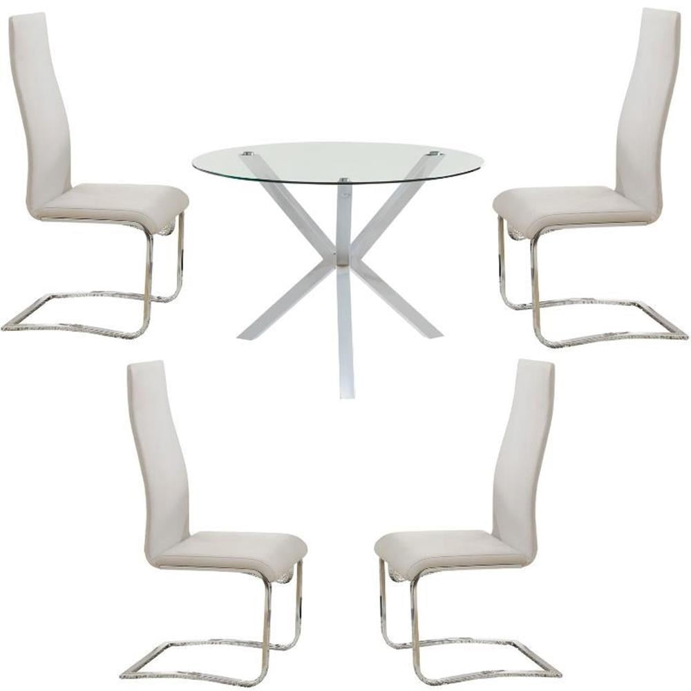 Round Clear Glass Top Dining Table with White Faux Leather Chairs