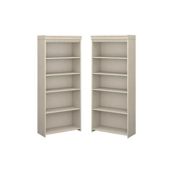 Home Square 5 Shelf Engineered Wood Bookcase Set in Antique White (Set of 2)