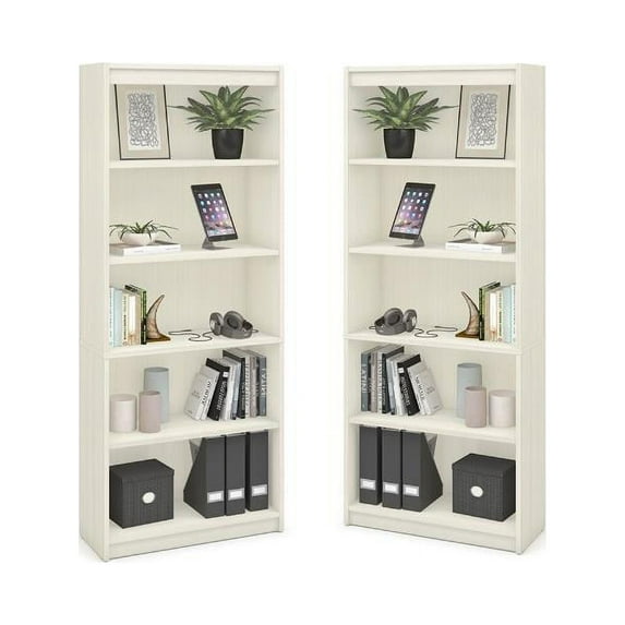 Home Square 5 Shelf Wood Bookcase Set in White Chocolate (Set of 2)