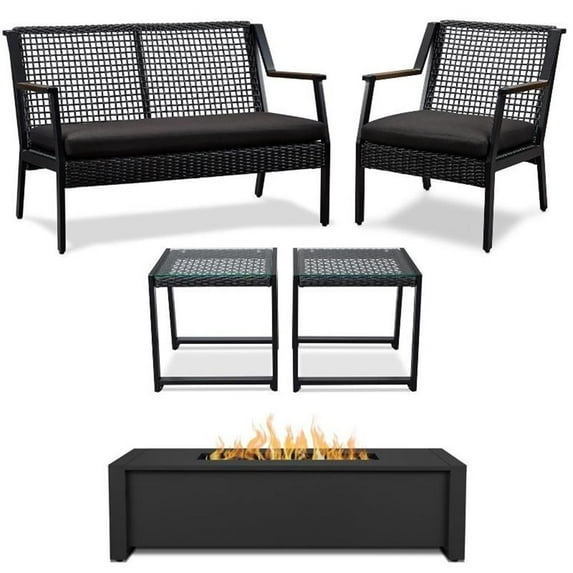 Home Square 6 Piece Patio Set with Bench Fire Table 2 Chairs and 2 End ...