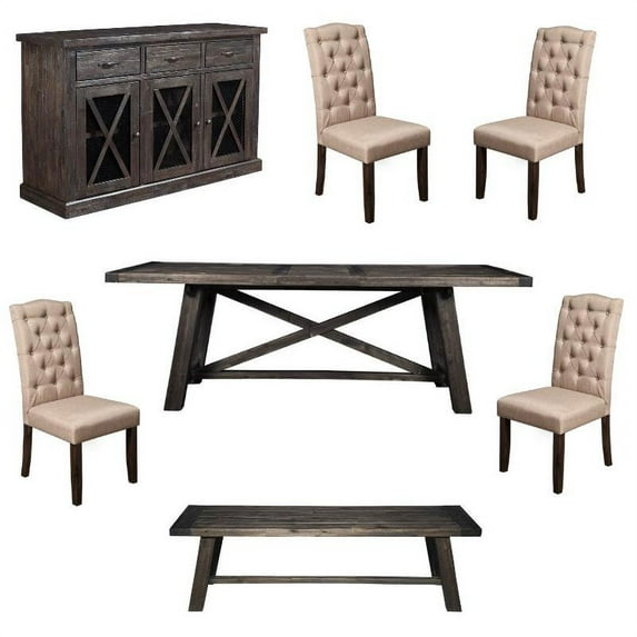 Home Square 7 Piece Dining Set with Dining Table 4 Chairs 1 Bench and Sideboard