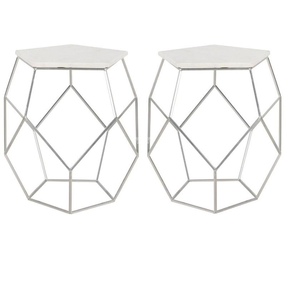 Silver and White Geometric Marble Top End Tables - Set of 2