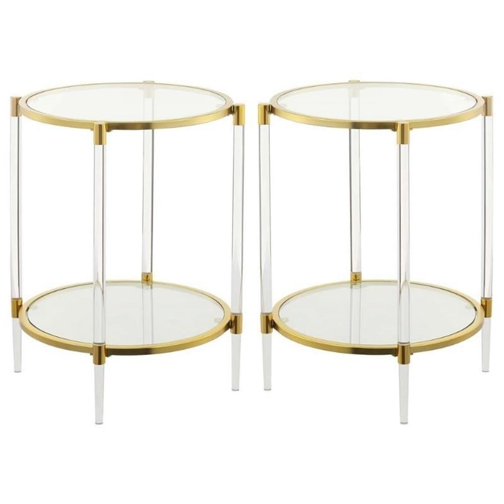 Clear Acrylic and Gold Two-Tier Round End Table Set