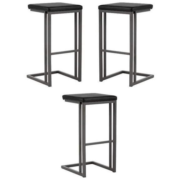 Home Square Boone 30" Modern Faux Leather Barstool in Dark Gray/Onyx - Set of 3