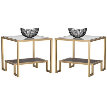 Home Square Carver 23.5" Modern Wood Side Table in Brown/Matte Gold - Set of 2