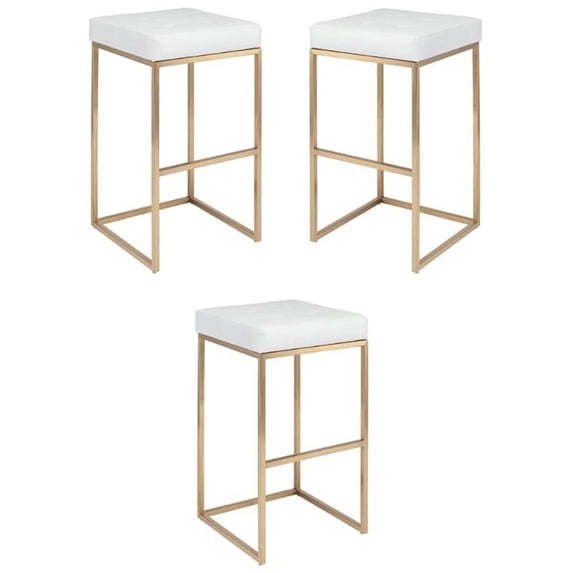 Home Square Chi 29.75" Faux Leather Bar Stool in White and Gold - Set of 3