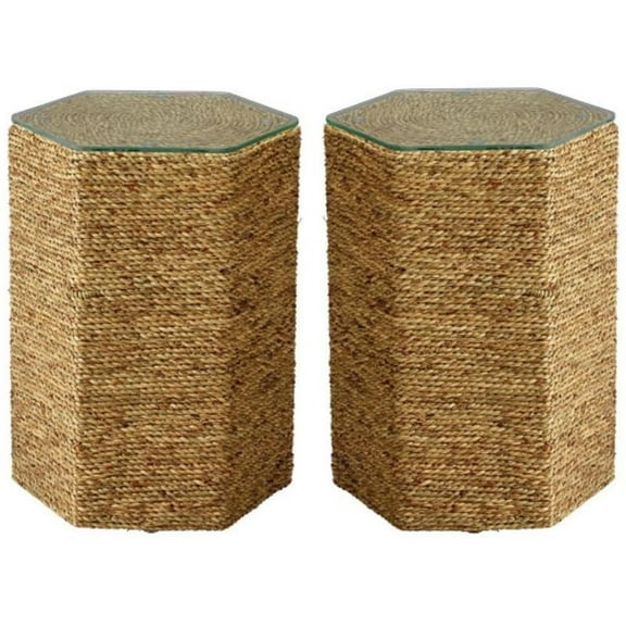 Home Square Coastal Glass & Sea Grass Side Table in Natural - Set of 2